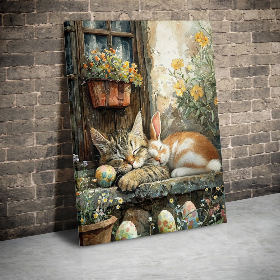 Easter Cat and Bunny Canvas Wall Art | Watercolor Kitten & Rabbit Sleeping Print | Premium Gallery Wrapped Canvas | Spring Home Decor Gift