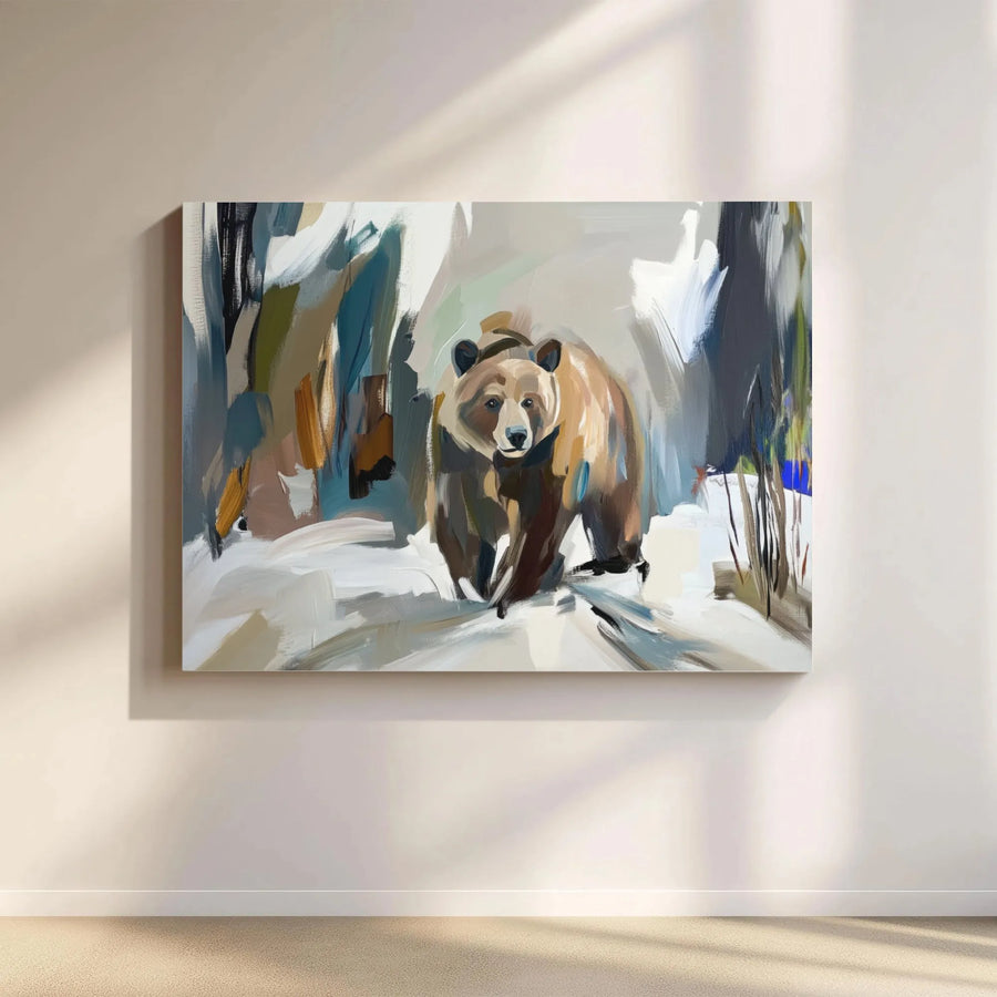 Brown Bear Wall Art | Abstract Snowy Forest Oil Painting Style | 1.25-Inch Gallery Canvas | Nature Lodge Decor Gift for Animal Lovers