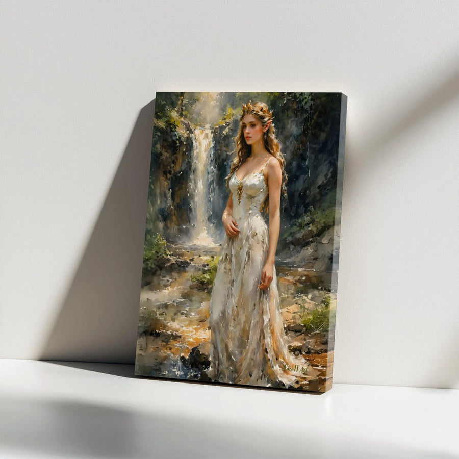 Elf Princess Canvas Wall Art | Ethereal Forest Waterfall Scene | Premium Gallery Wrapped Canvas | Fantasy Lover Gift & Mythical Home Decor