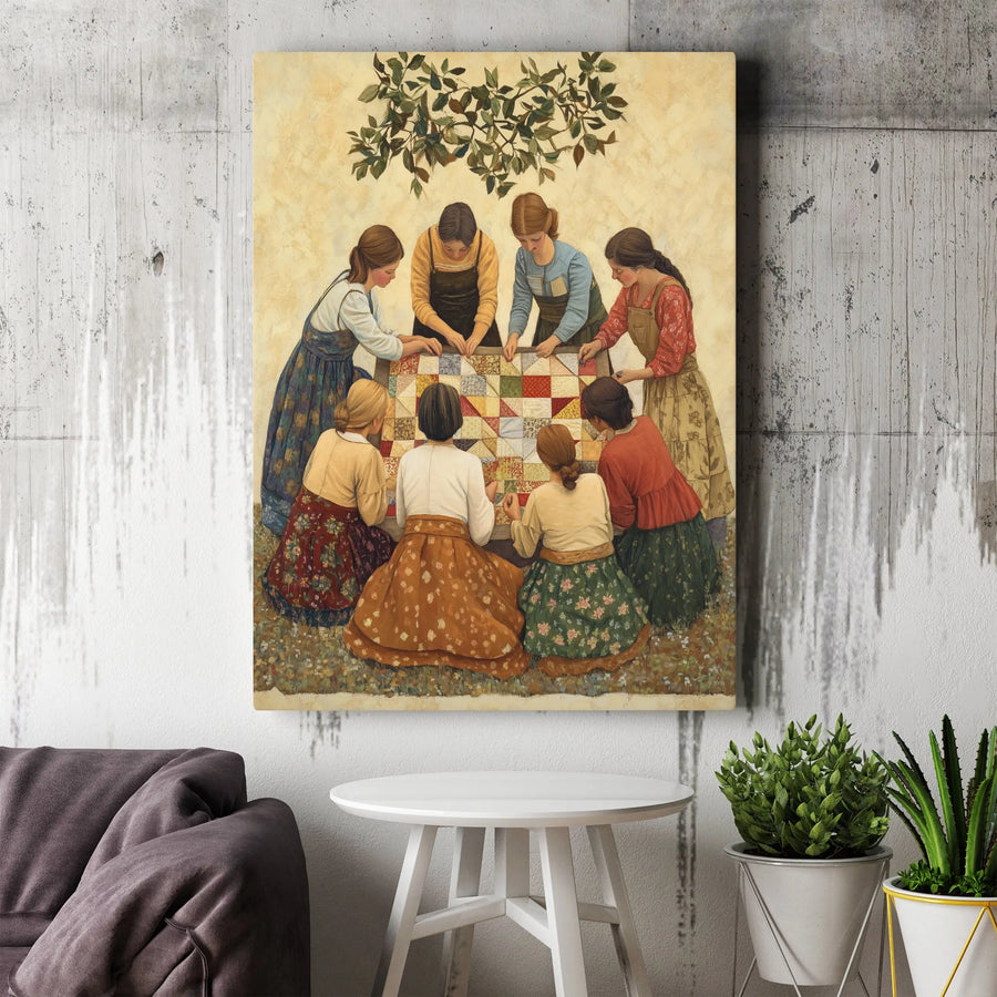 Quilting Bee Canvas Wall Art | Women Sewing Patchwork Quilt Scene | Premium Gallery Wrap Print | Farmhouse Decor Gift for Quilters