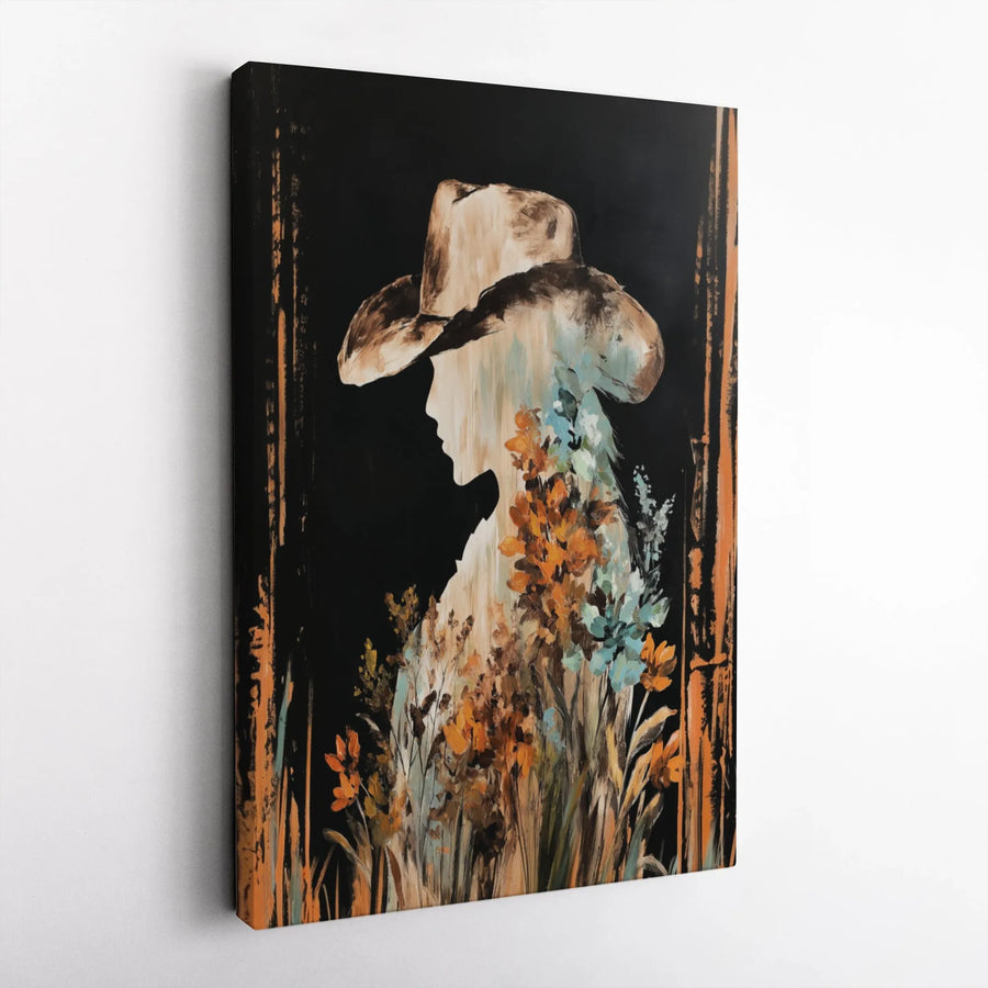 Western Floral Canvas Wall Art | Abstract Cowgirl Silhouette with Wildflowers | Premium Gallery Wrapped Canvas | Rustic Farmhouse Decor Gift