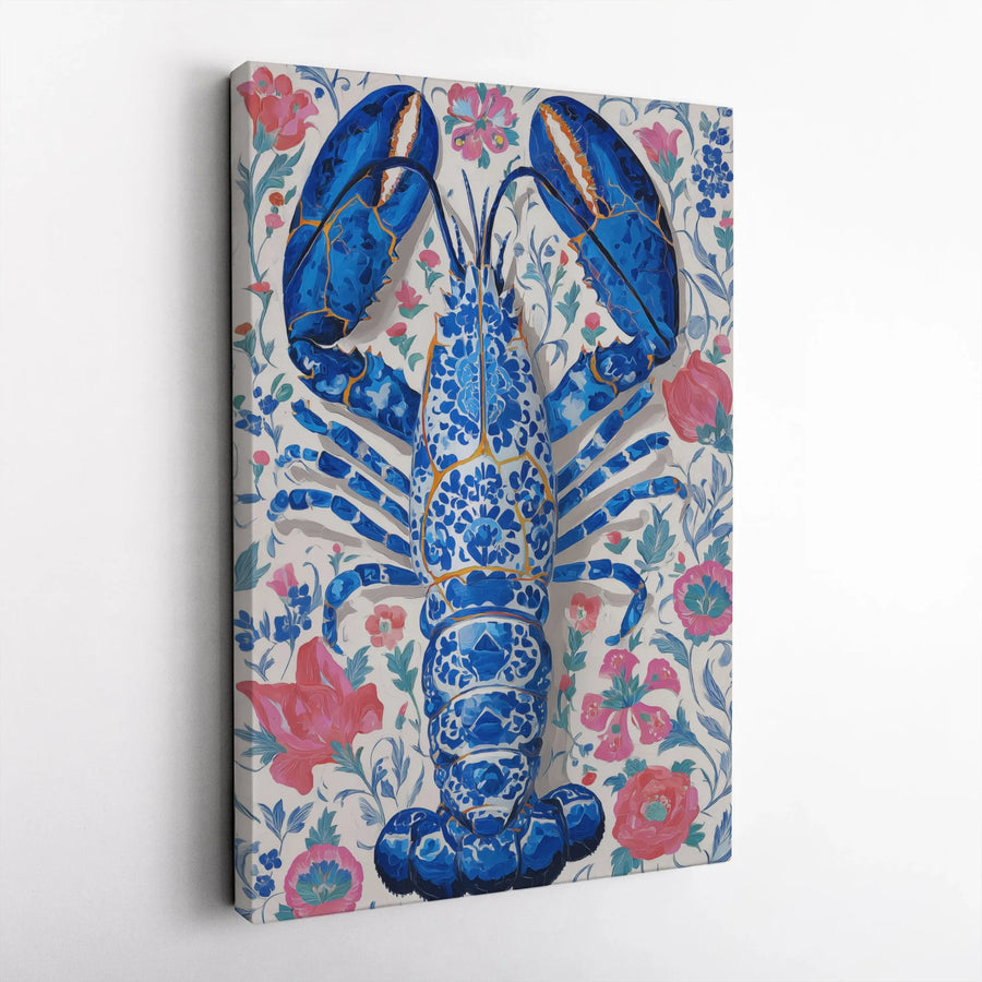Blue Lobster Canvas Wall Art | Chinoiserie Floral Print | Premium Gallery Wrapped Canvas | Unique Kitchen & Dining Room Decor
