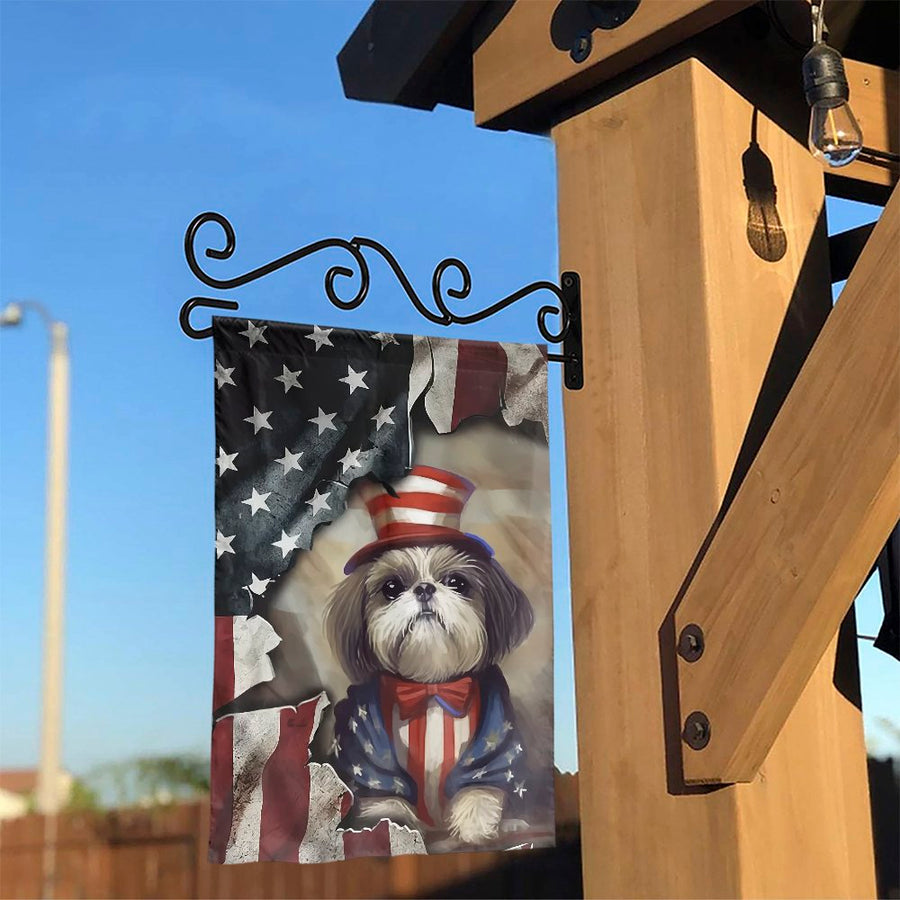 Patriotic Shih Tzu Garden Flag | Uncle Sam Dog Print | Weather-Resistant Polyester | July 4th Independence Day Decor