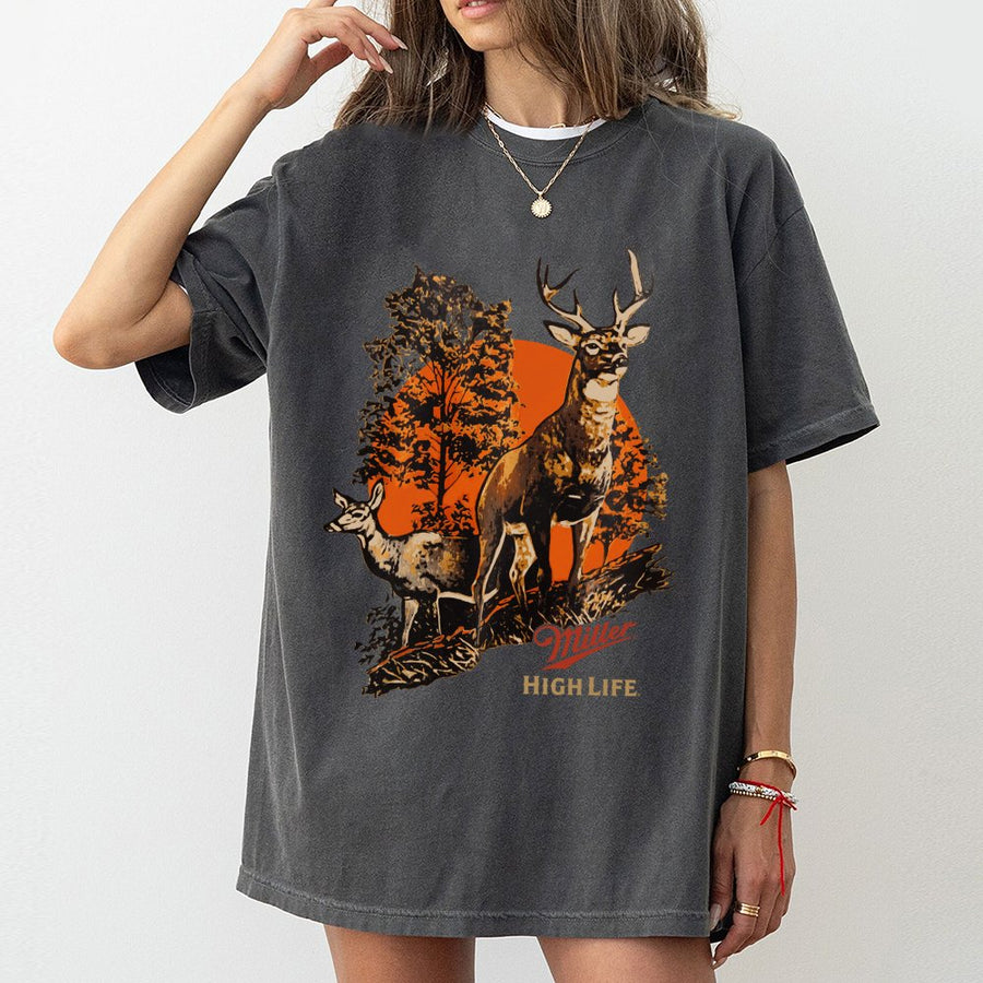 Vintage Miller High Life Deer T-Shirt Retro Beer Ad Wildlife Scene,Classic Americana Hunting T-Shirt With Buck