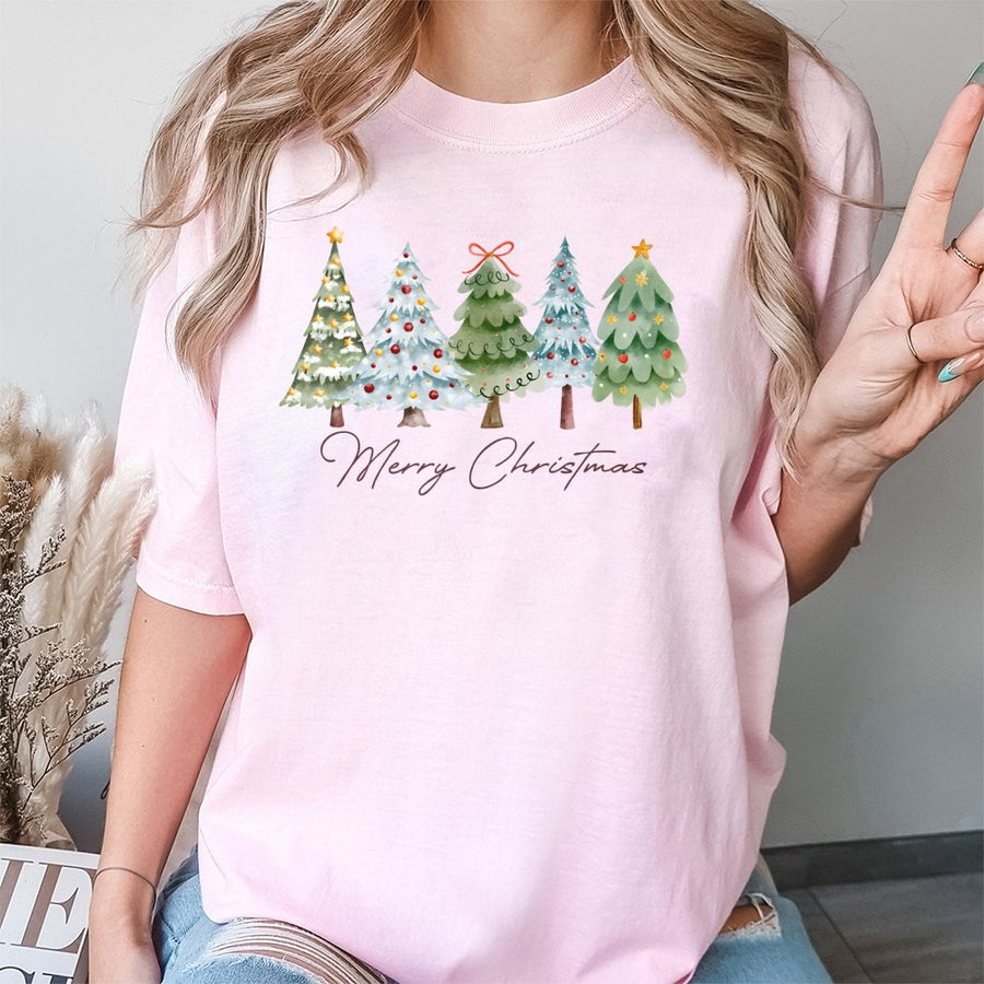Watercolor Christmas Tree T-Shirt | Merry Christmas Pine Forest Graphic | 100% Cotton Premium Tee | Festive Holiday Gift for Women and Men