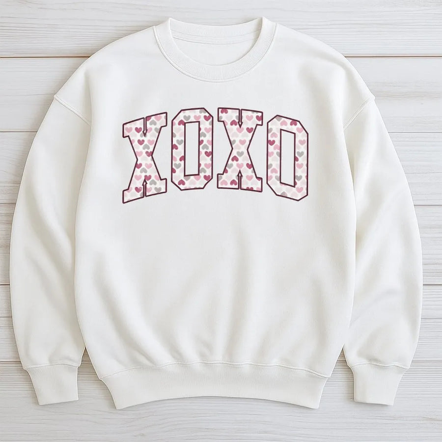 XOXO Valentine Sweatshirt | Heart Pattern Varsity Font Graphic | Premium Soft Unisex Pullover | Romantic Cute Gift for Her or Him