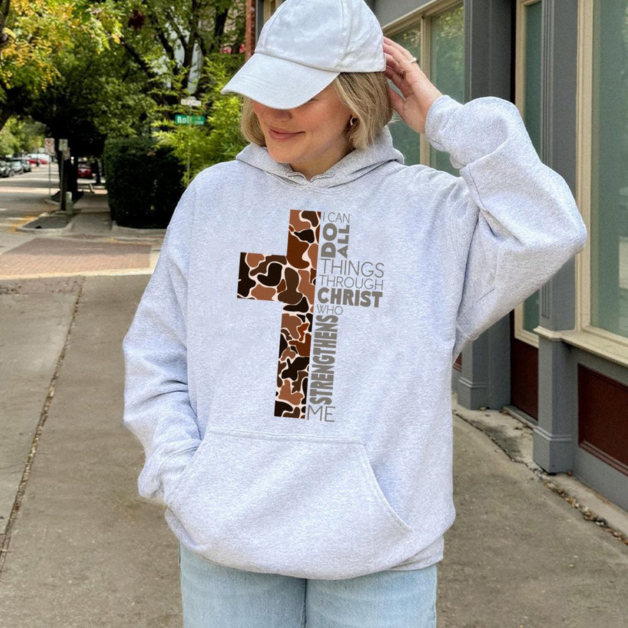 I Can Do All Things Through Christ Hoodie | Leopard Print Cross Bible Verse Design | Premium Cotton Blend | Christian Faith Gift for Men & Women