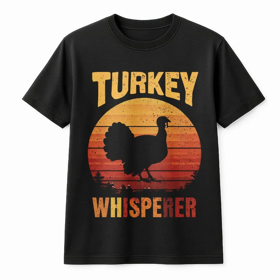 Turkey Whisperer T-Shirt | Retro Sunset Turkey Hunter Design | Premium Cotton Blend | Funny Hunting Season Gift for Dad, Outdoor Apparel
