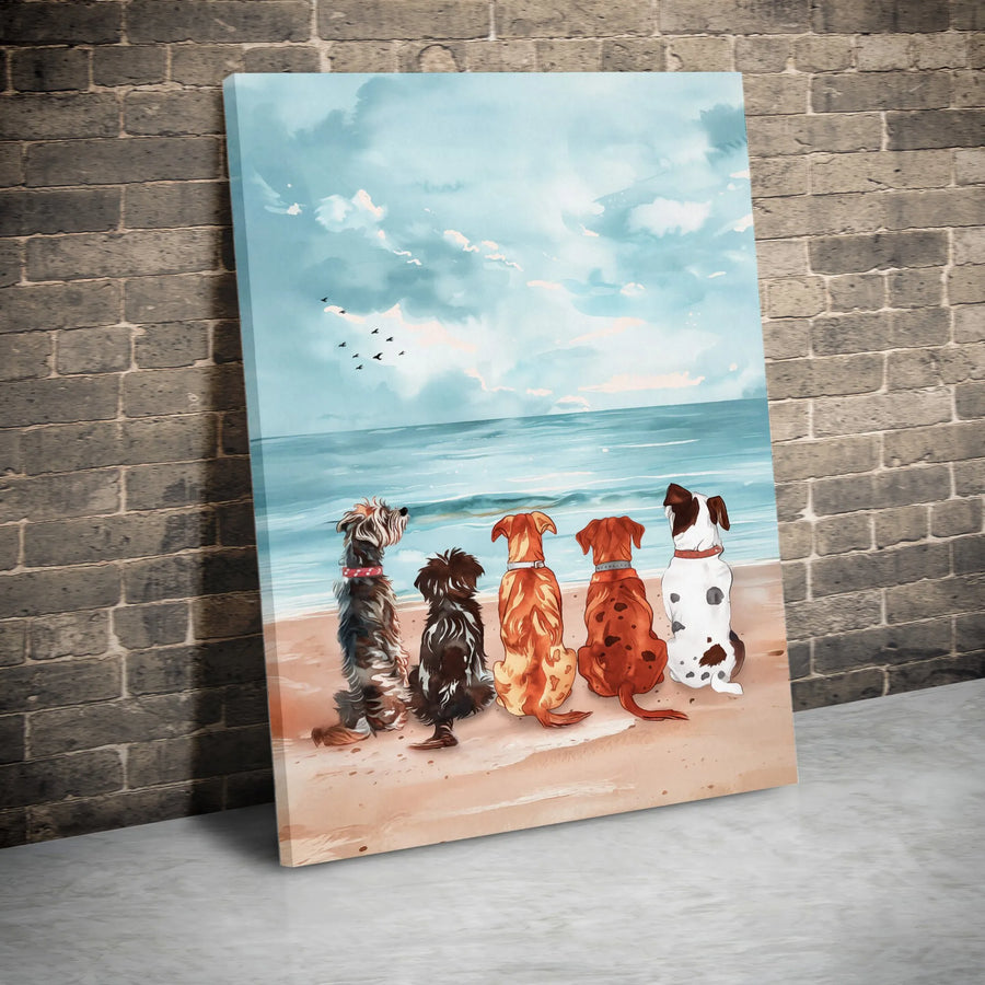 Watercolor Dogs on Beach Vertical Canvas | Collector's Pet Seascape Print | Premium Gallery Wrapped Wall Art | Gift for Dog Lover & Coastal Home Decor