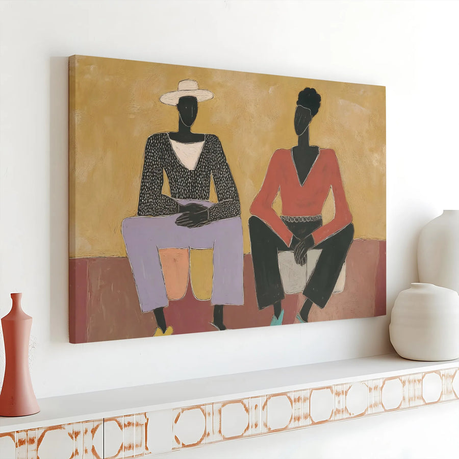 Modern Abstract Figurative Canvas Art | Two Seated Black Figures Illustration | Gallery Wrapped Premium Print | Contemporary Home & Office Decor Gift