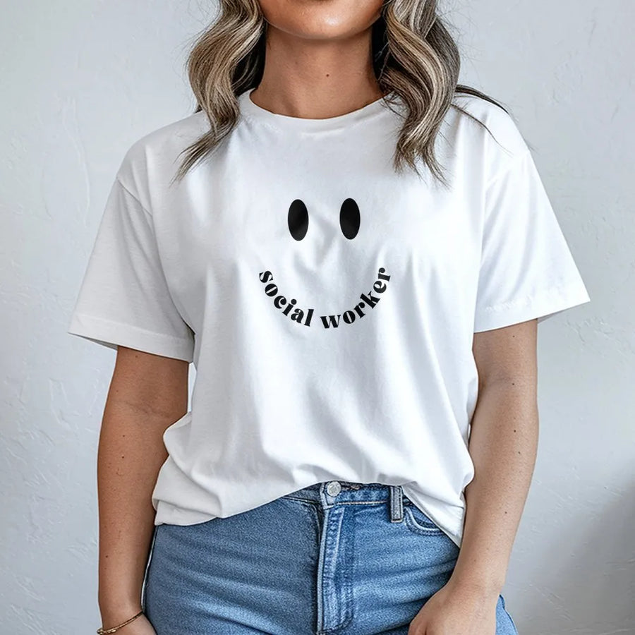 Social Worker T-Shirt | Smiley Face Typography Graphic | 100% Cotton Premium Tee | MSW Graduation Gift for Mental Health Counselor