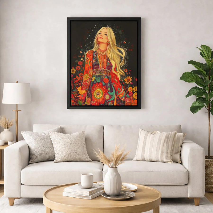 Bohemian Woman Canvas Wall Art | Psychedelic Floral Portrait Print | Premium Gallery-Wrapped Decor | Boho Chic Gift for Home Office