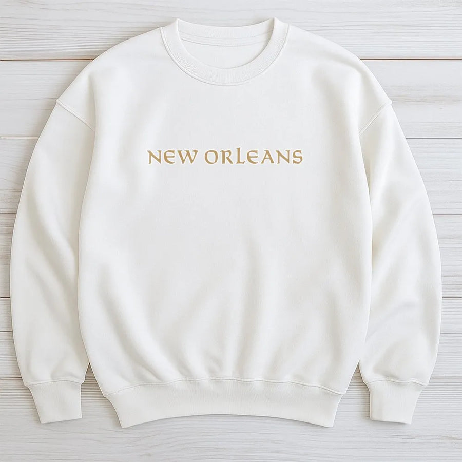 New Orleans Sweatshirt | Minimalist Gold Typography Design | Premium Cotton Blend Cozy Crewneck Pullover | Louisiana Travel Souvenir Gift for Men Women