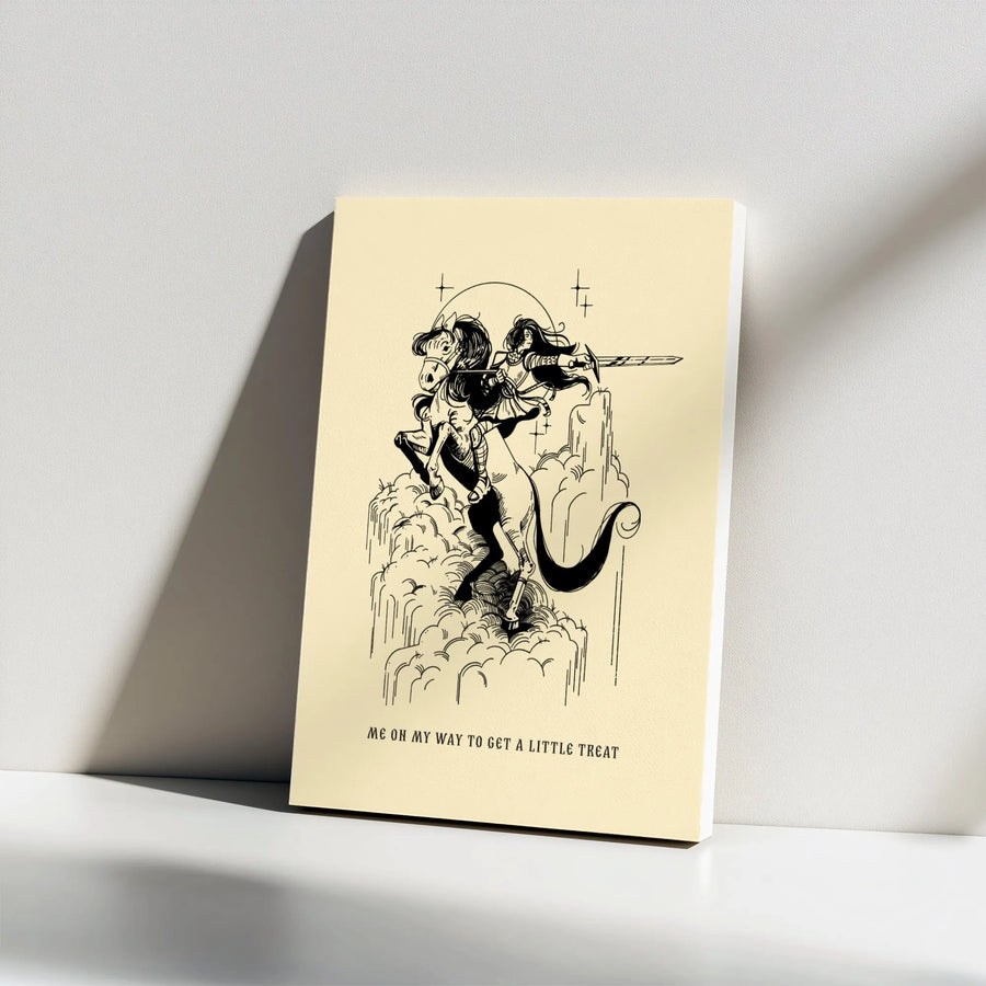 Funny Knight Meme Canvas Print | Vintage Line Art 'A Little Treat' Quote | Premium Gallery Wrapped Canvas | Humorous Wall Decor Gift