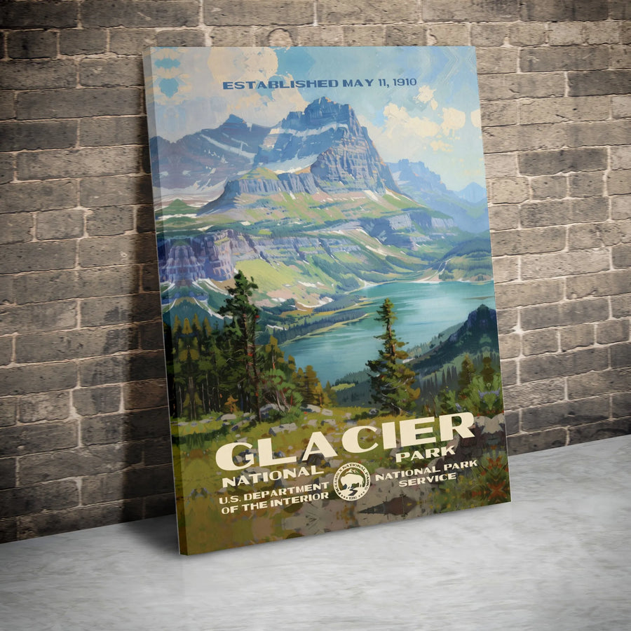 Glacier National Park Travel Poster | Vintage Montana Mountain Landscape Art | Premium Gallery Wrapped Canvas | National Park Gift for Hikers