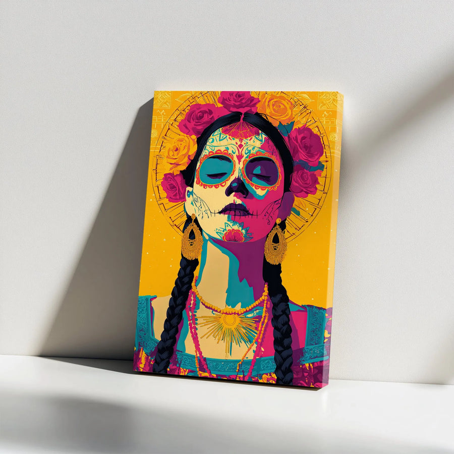 Sugar Skull Woman Canvas Wall Art | Vibrant Dia De Los Muertos Print | Premium Gallery Wrap Canvas | Modern Mexican Folk Art Home Decor Gift