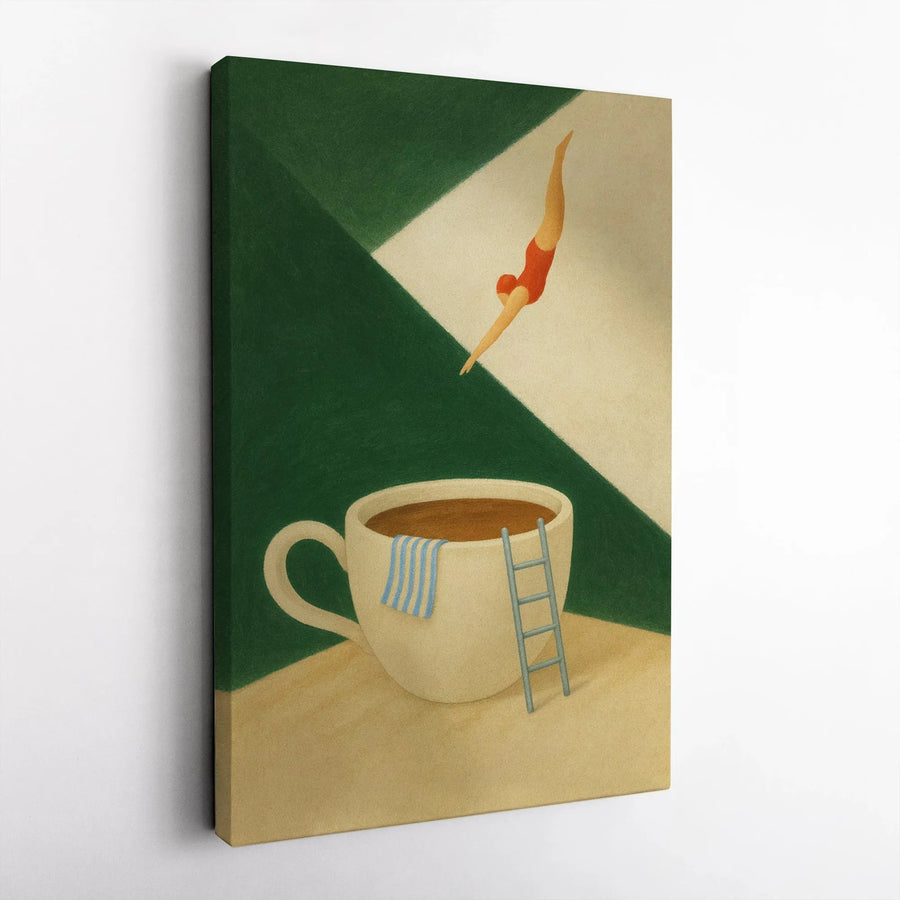 Surreal Coffee Cup Wall Art | Diving Woman Illustration | Premium Gallery Wrapped Canvas | Whimsical Kitchen Decor Gift for Coffee Lovers