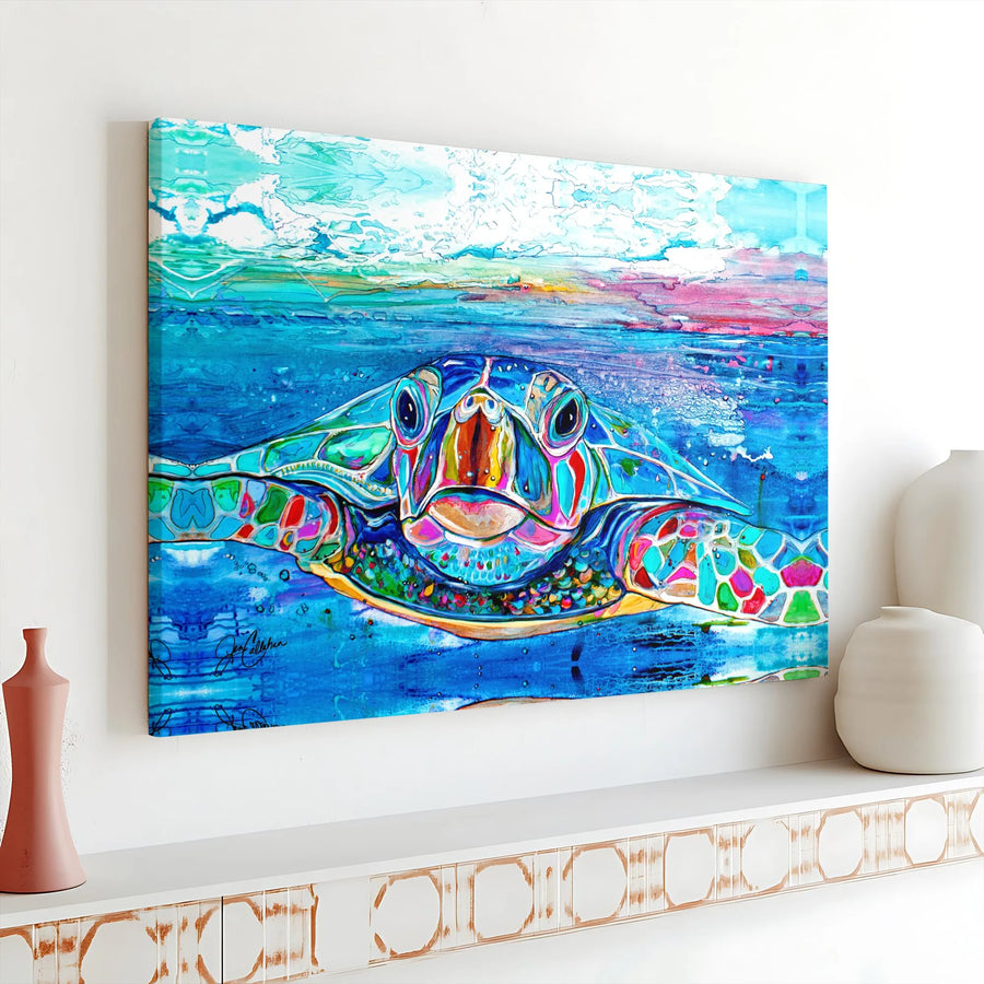 Sea Turtle Canvas Wall Art | Vibrant Watercolor Sea Turtle Print | Thick Gallery Wrap Canvas | Coastal Beach House Decor Gift