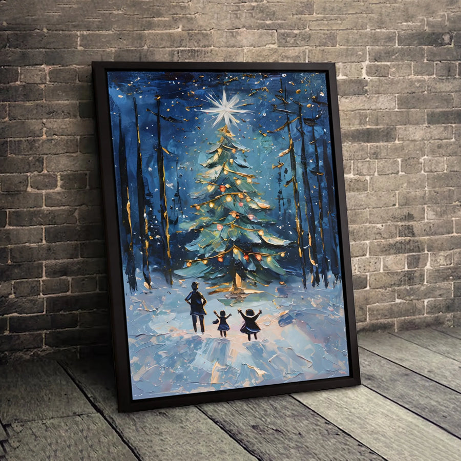 Christmas Tree Wall Art | Snowy Forest Family Oil Painting Style | Premium Gallery Wrapped Canvas | Festive Holiday Home Decor Gift