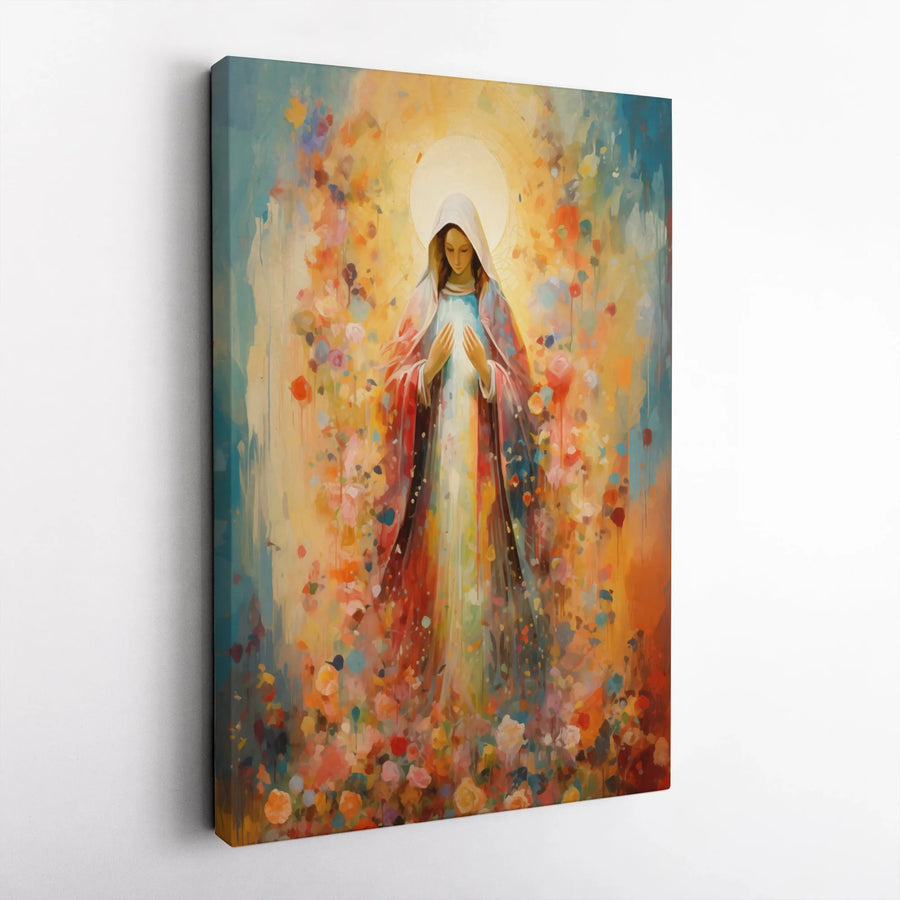 Virgin Mary Canvas Wall Art | Abstract Floral Watercolor Painting | Premium 1.25" Gallery Wrap | Modern Religious Home Decor Gift
