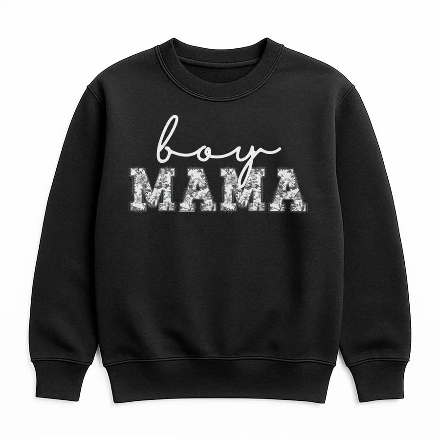 Boy Mama Sweatshirt | Blue Toile Floral Lettering | Premium Soft Cotton Blend | Baby Shower Gift for New Mom & Pregnancy Announcement