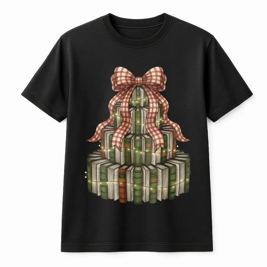 Christmas Book Tree T-Shirt | Festive Librarian Reading Graphic | Premium Soft Cotton Tee | Holiday Gift for Teachers and Book Lovers