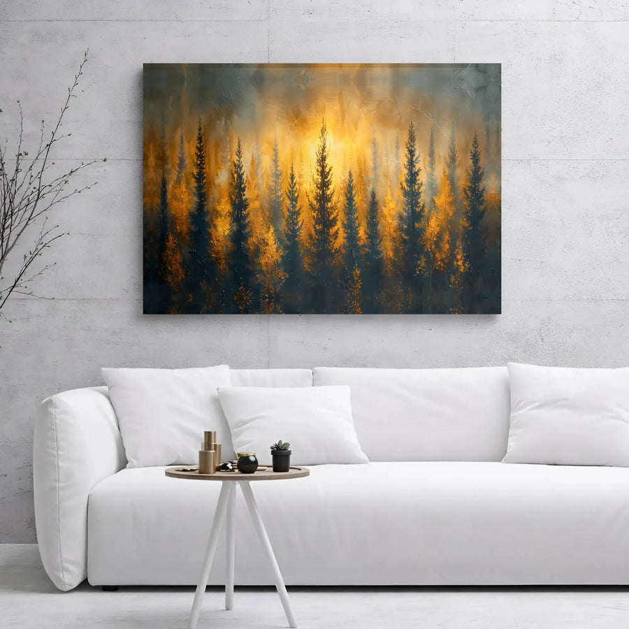 Abstract Pine Forest Canvas | Golden Sunrise Landscape Print | Premium Gallery Wrap Wall Art | Modern Home & Office Decor Gift