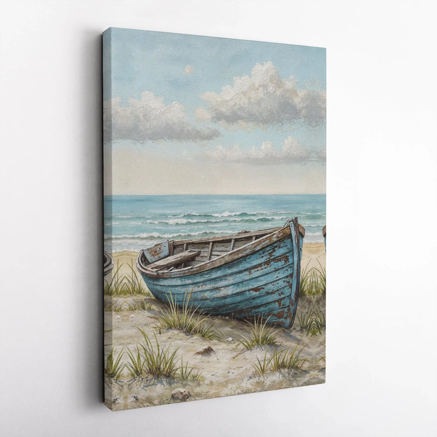 Coastal Blue Boat Wall Art | Vintage Beach Seascape Painting | Premium Gallery Wrapped Canvas | Serene Nautical Decor for Living Room