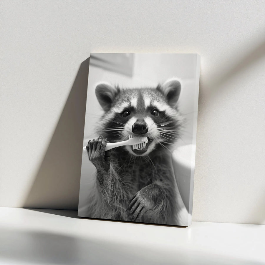 Funny Raccoon Canvas Print | Raccoon Brushing Teeth Art | Premium Thick Gallery Wrap Canvas | Modern Bathroom Decor Gift