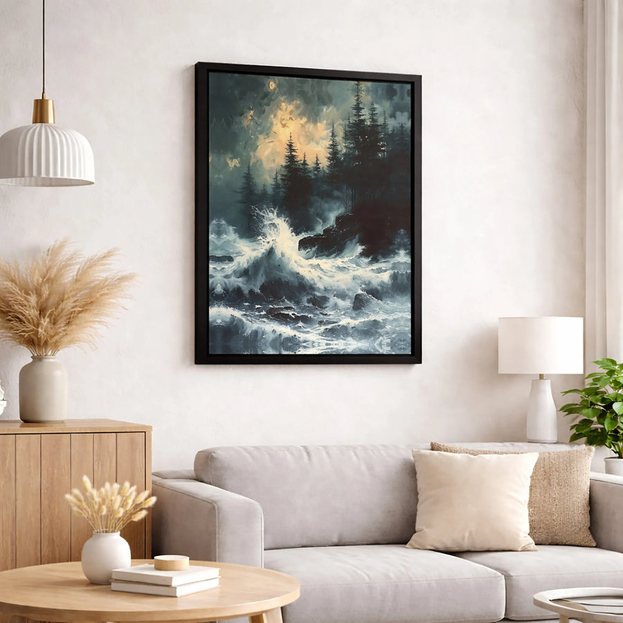 Stormy Ocean Wall Art | Crashing Waves And Pine Forest Canvas Print | Premium Gallery Wrap 1.25" Profile | Moody Coastal Decor For Home Or Office