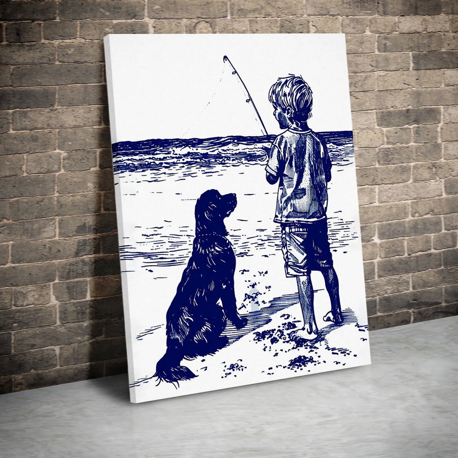 Boy and Dog Fishing Canvas Wall Art | Minimalist Seaside Sketch | 1.25" Thick Gallery Canvas | Gift for Dad, Fisherman Coastal Decor