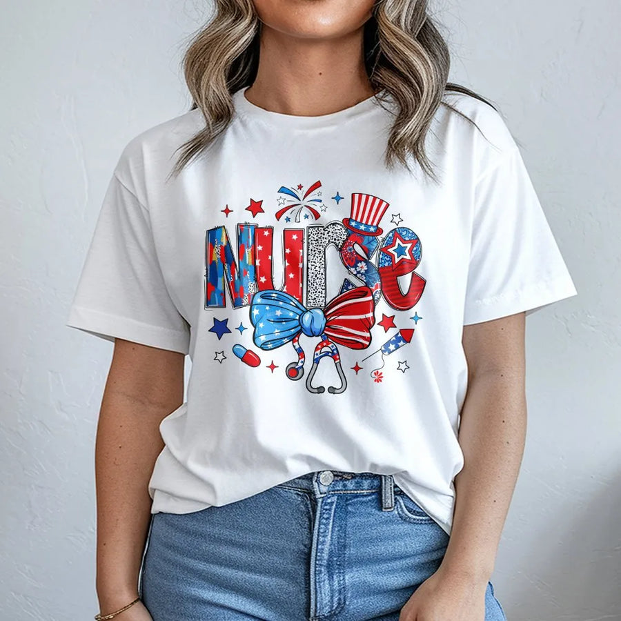 Patriotic Nurse T-Shirt | Coquette American Flag Design with Stethoscope Bow | Soft Cotton Blend | 4th of July Gift for ER, ICU, LPN Nurses