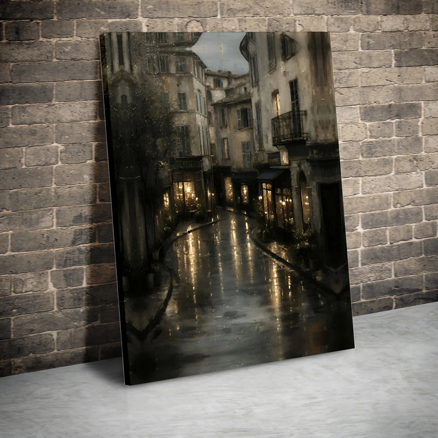 Rainy European Street Canvas Wall Art | Moody Cityscape Painting | Premium Gallery Wrapped Canvas | Atmospheric Wall Decor for Living Room Gift