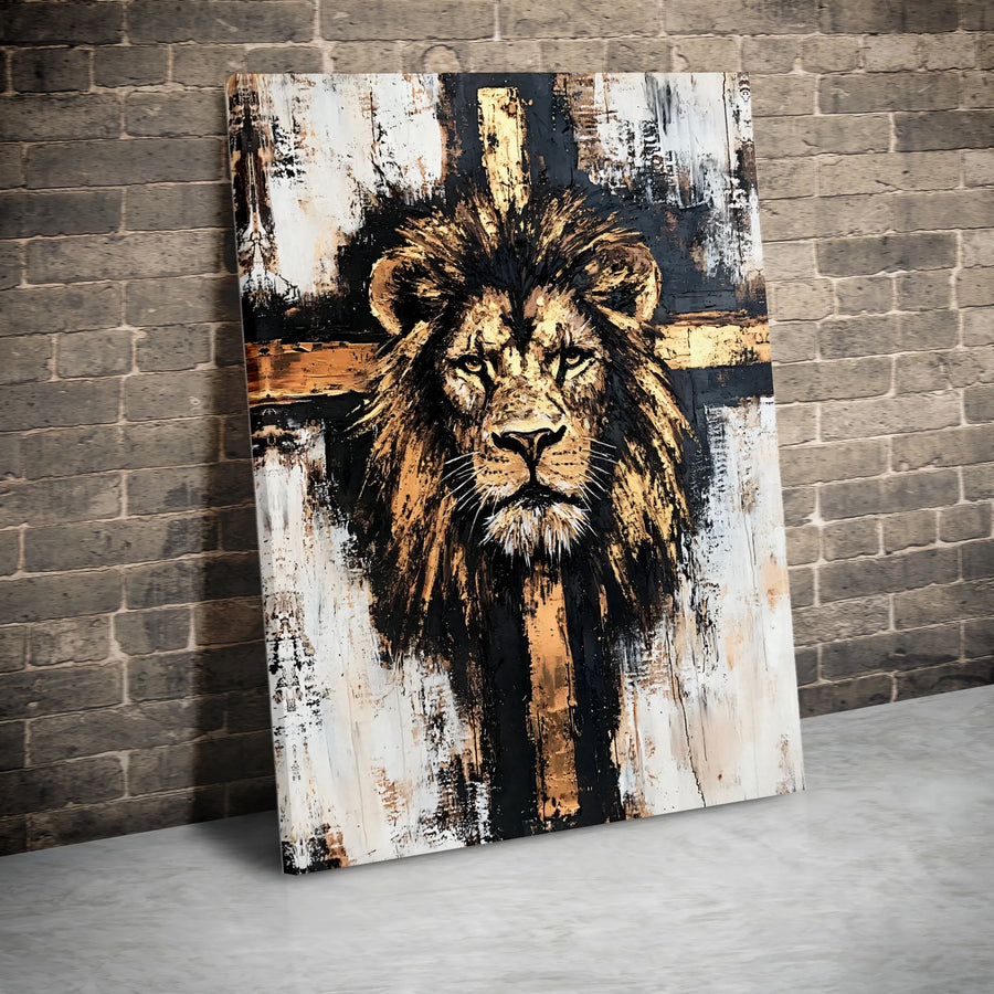 Lion of Judah Canvas Print | Abstract Christian Cross Wall Art | Premium Fade-Resistant Gallery Wrap | Religious Home Decor Gift for Believers