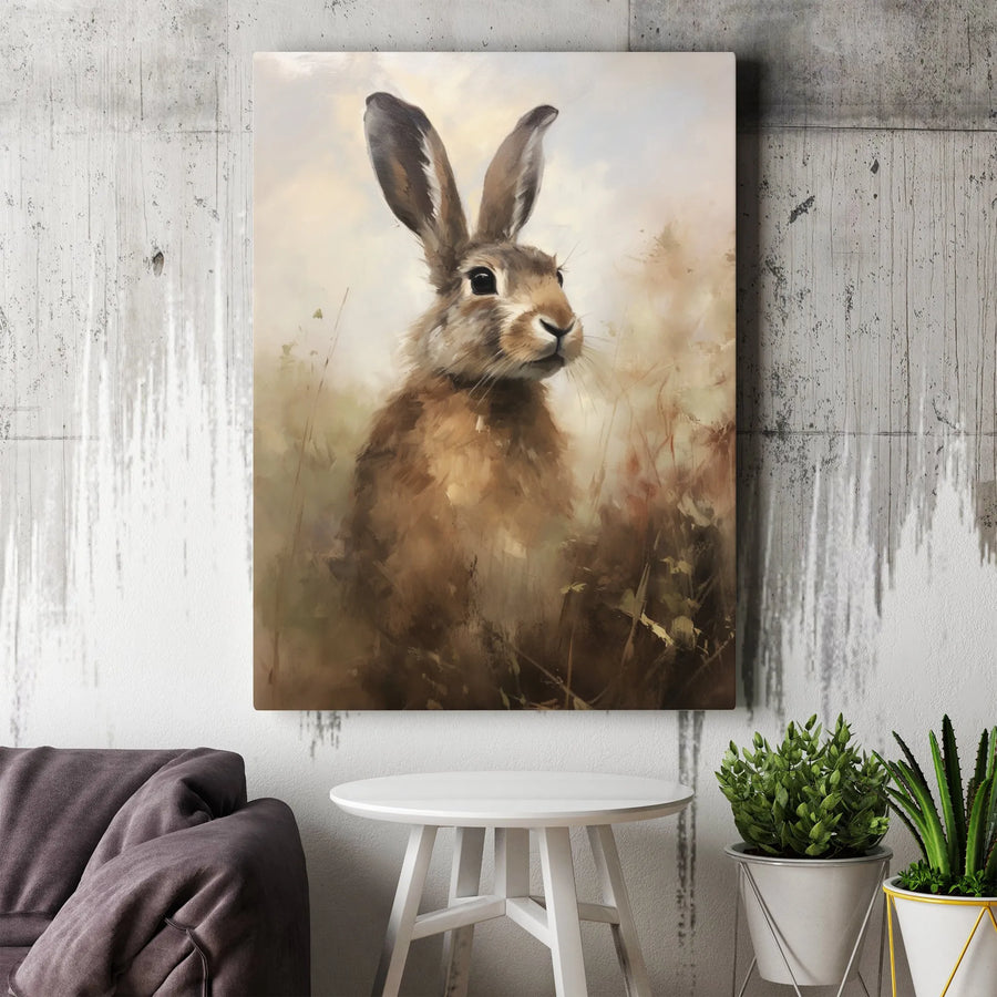 Brown Hare Canvas Wall Art | Rustic Wildlife Oil Painting Style | Premium 1.25-Inch Gallery Wrap | Woodland Home Decor Nature Lover Gift