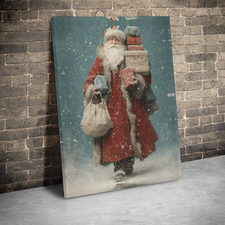 Vintage Santa Claus Wall Art | Nostalgic Winter Scene with Presents | Premium Gallery Wrap Canvas | Holiday Home Decor Gift