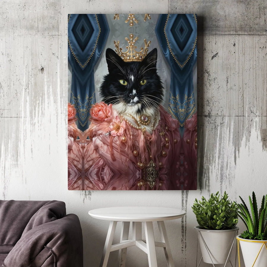 Royal Cat Queen Wall Art | Black Tuxedo Cat in Pink Gown and Crown Portrait | Premium Gallery-Wrapped Canvas | Whimsical Pet Lover Gift