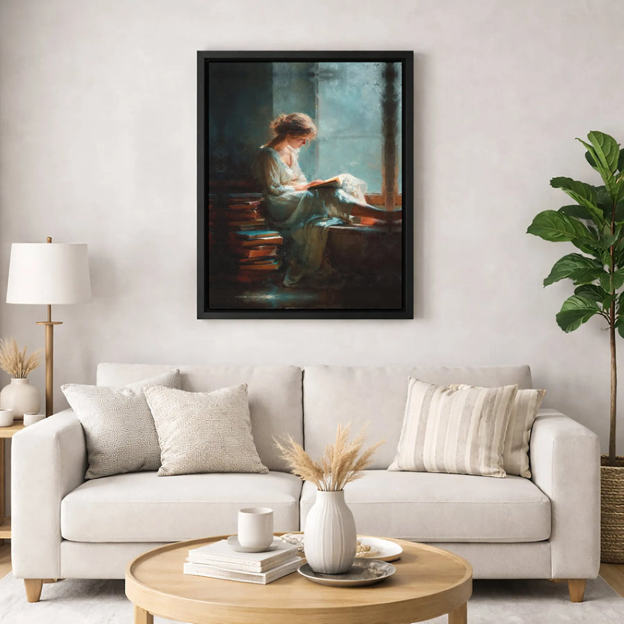 Woman Reading Book Canvas Wall Art | Impressionist Window Scene | Premium Fade-Resistant Print | Cozy Library Decor Gift
