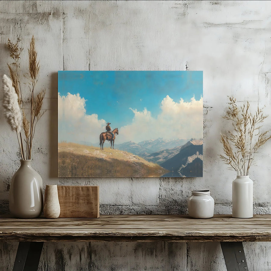 Western Cowboy Canvas Print | Mountain Landscape Wall Art | Gallery Wrapped Premium Canvas | Rustic Country Home Decor Gift