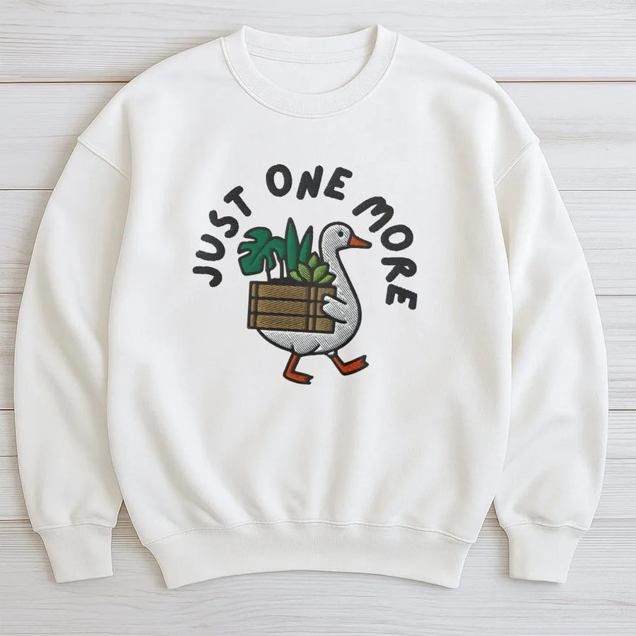 Funny Plant Lover Goose Sweatshirt | Botanical 'Just One More' Graphic Print | Soft Cotton Blend Pullover | Unique Gardener Gift for Plant Moms