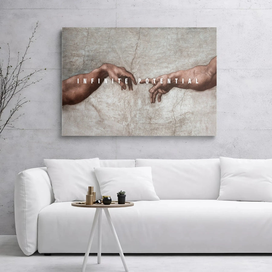 Creation Of Adam Canvas Wall Art | Infinite Potential Motivational Quote | Premium Gallery Wrapped Print | Inspirational Office Decor