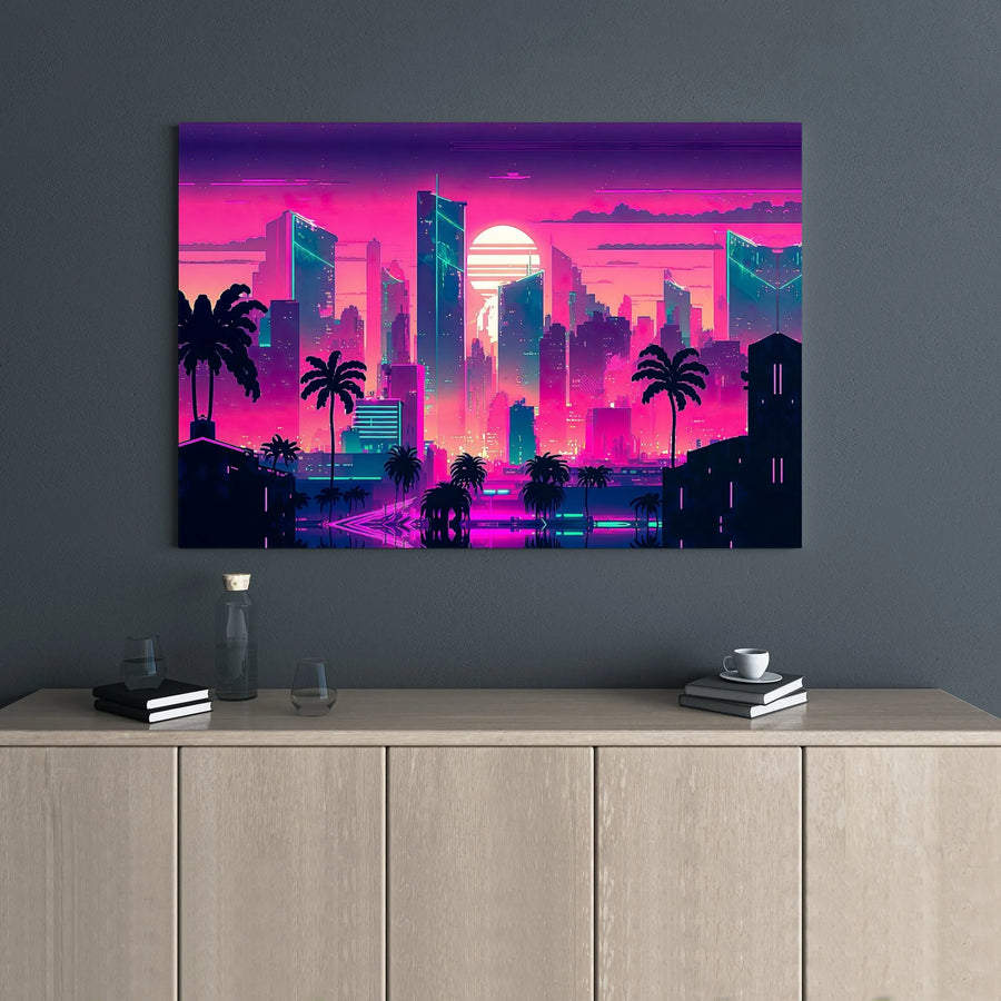 Synthwave Cityscape Canvas Wall Art | Neon Sunset Palm Tree Design | Premium Gallery Wrap 1.25-Inch Frame | Retro Aesthetic Gift for Home Decor
