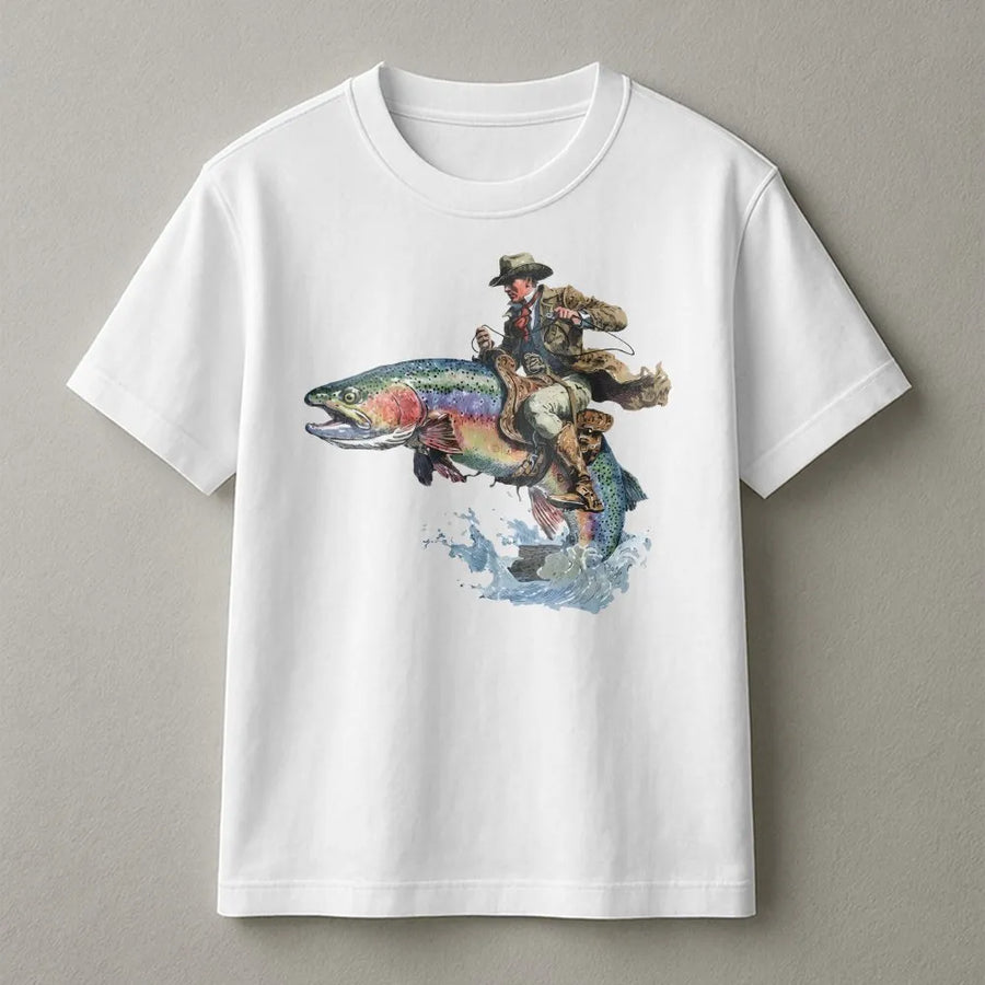 Cowboy Riding Fish T-Shirt | Funny Western Trout Fishing Graphic Tee | Soft Cotton Unisex Top | Unique Gift for Angler