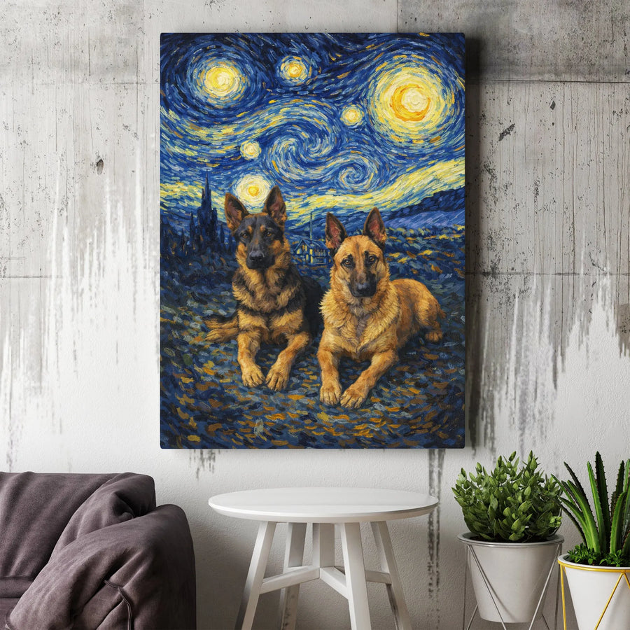 German Shepherd Canvas Wall Art | Starry Night Style Dog Painting | Premium Gallery Wrapped Print | Unique Gift for Pet Lovers