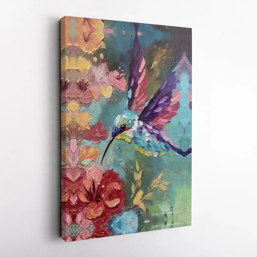 Hummingbird Canvas Wall Art | Colorful Impasto Floral Painting | Premium Gallery Wrap Print | Modern Home Decor Gift