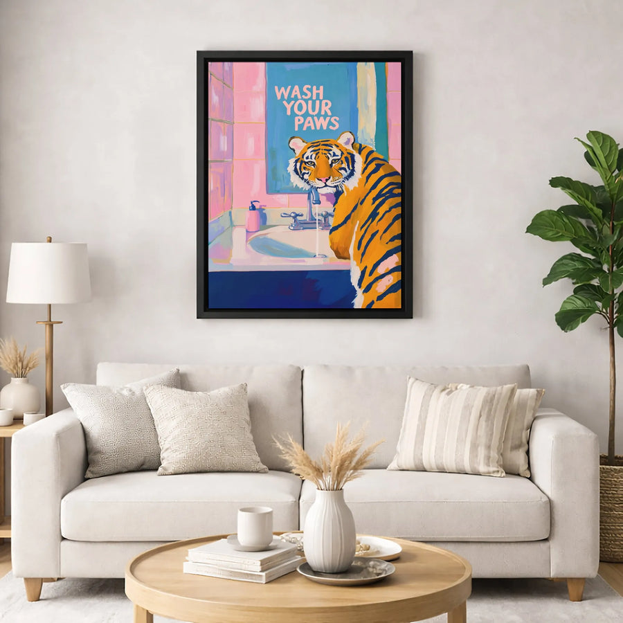 Wash Your Paws Tiger Wall Art | Funny Bathroom Decor | Premium Gallery Wrap Canvas | Unique Animal Lover Gift for Home or Office