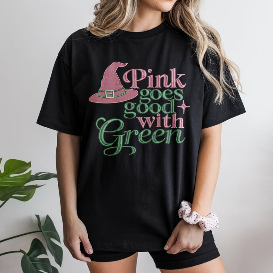 Pink Goes Good With Green T-Shirt | Witch Hat Faux Embroidery Design | Premium Soft Cotton Tee | Musical Theatre Fan Gift Idea