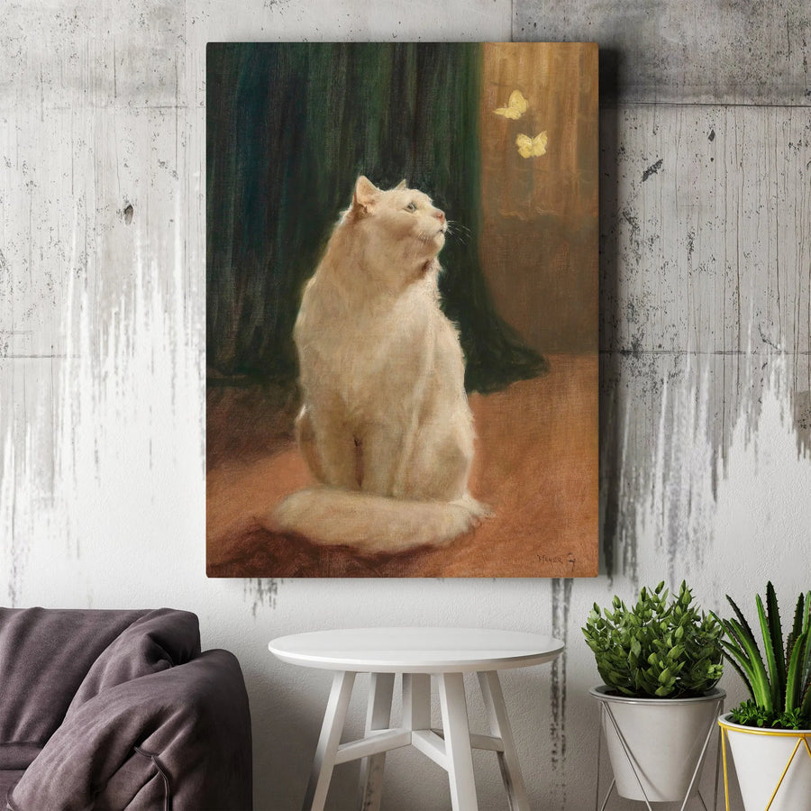 White Cat Canvas Wall Art | Vintage Style Painting of Cat and Butterflies | 1.25 Inch Premium Gallery Wrap | Home Decor Gift for Cat Lovers