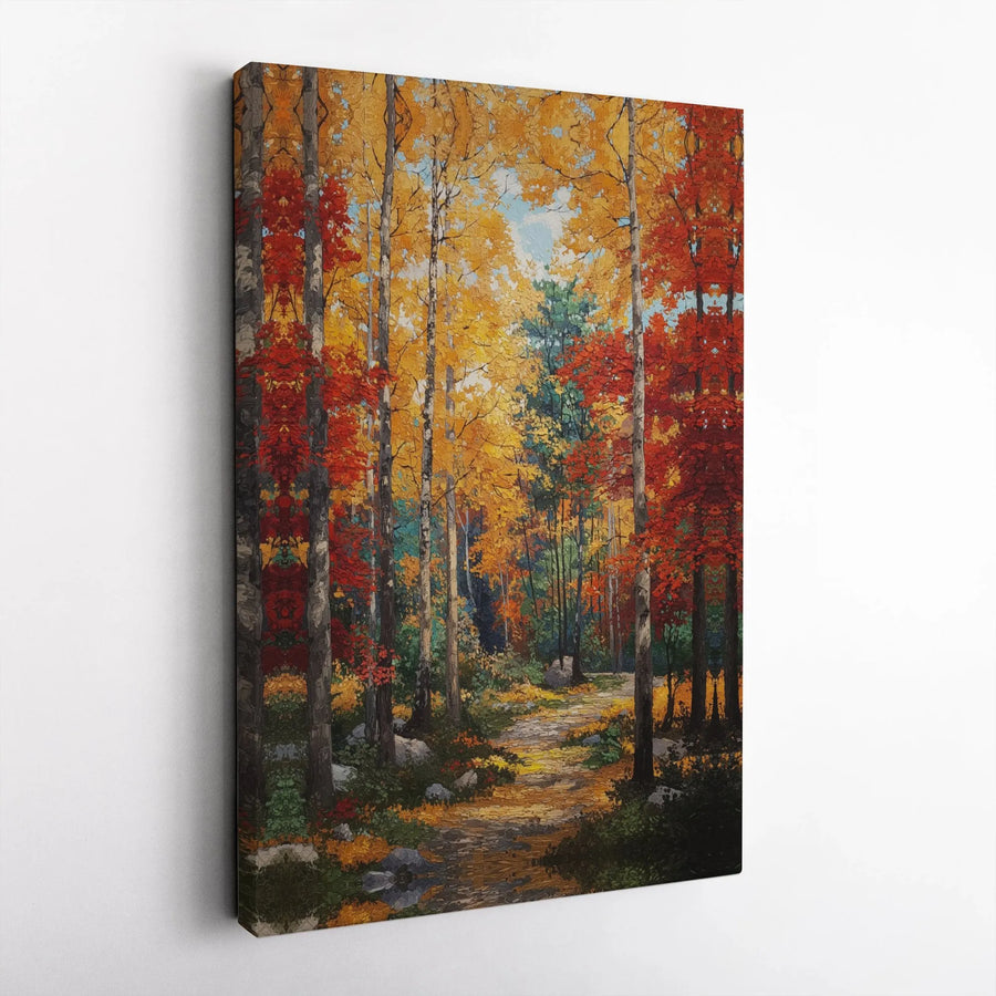 Autumn Forest Canvas Wall Art | Impressionist Birch Tree Path | Premium Gallery Wrapped | Nature Home Decor Gift for Living Room