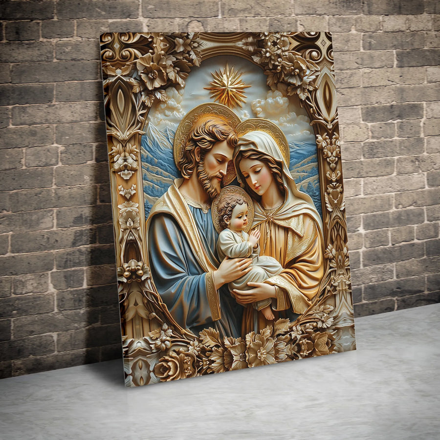 Holy Family Canvas Print | Ornate 3D Style Religious Artwork | Premium Gallery Wrapped Canvas | Catholic Christian Home Decor Gift